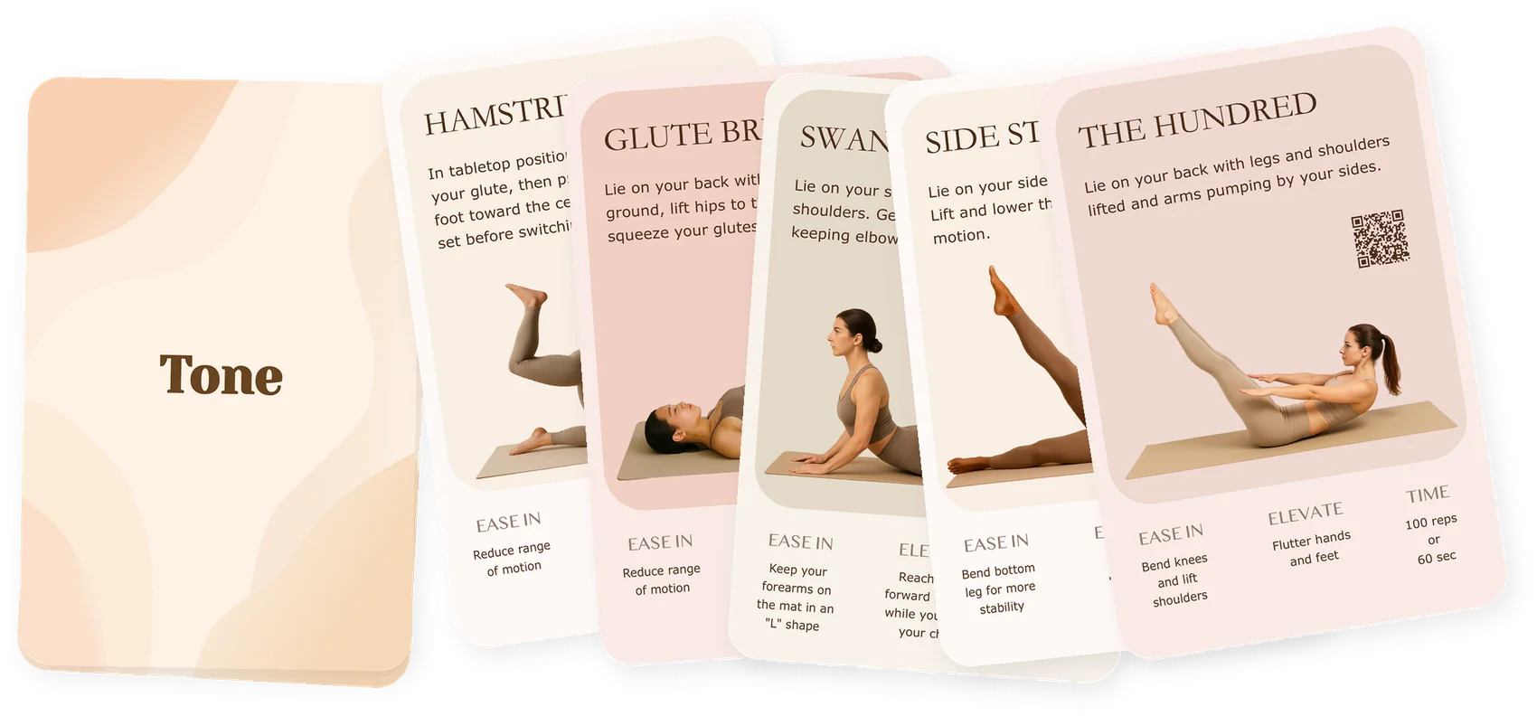 Tone Pilates-inspired movement cards fanned out, featuring The Hundred, Glute Bridge, Swan Prep, Side Straight Leg, and Hamstring Curl